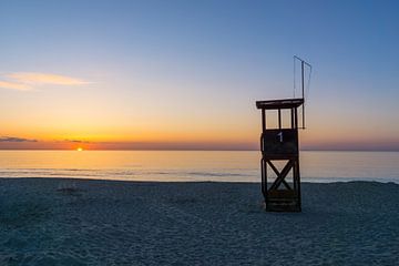 Mallorca, Sunrise at sand beach with lifeguard house by adventure-photos