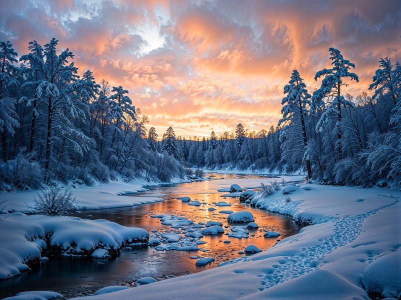Winterse Sereniteit – Bevroren Schoonheid bij Zonsondergang van Retrotimes