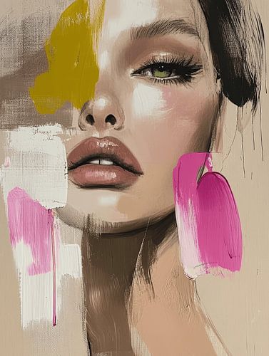Modern abstract portret met roze en geel groen accent