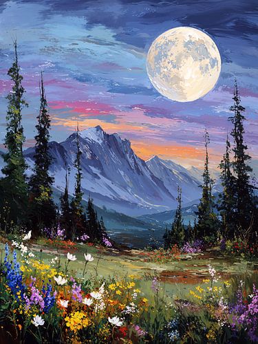 Mondbeschienene Wiese, blühende Berglandschaft