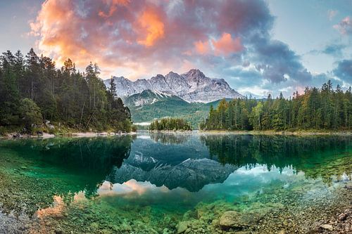 Eibsee lake in Garmisch with Zugspitze peak