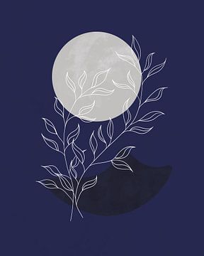 Abstract landschap in nachtblauw met een zilveren maan