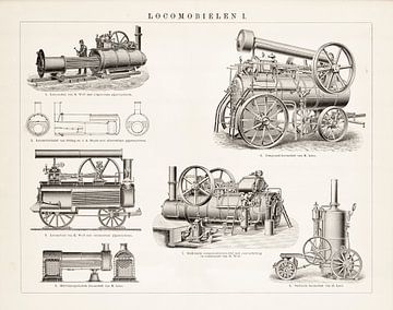 Antieke gravure Locomobielen I van Studio Wunderkammer