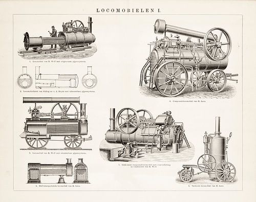 Antieke gravure Locomobielen I