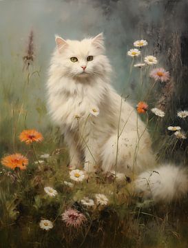 White Cat in Flower Garden by Emil Husstege