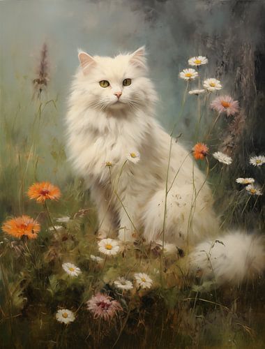 Chat blanc dans un jardin de fleurs