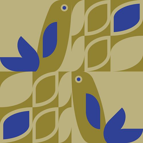 Rétro scandinave. Oiseaux et feuilles en moutarde et bleu cobalt