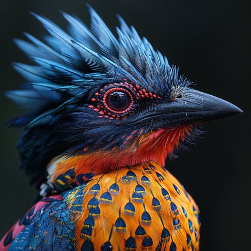 Farbenfrohes Vogelporträt mit leuchtendem Gefieder – Detailaufnahme eines farbenprächtigen exotischen Vogels – Majestätischer gefiederter Vogel