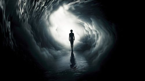 Eenzame figuur in het licht aan het einde van de tunnel