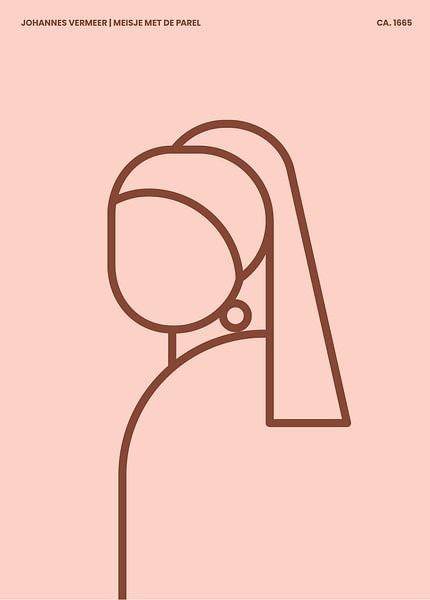 Het Meisje met de Parel abstract lijn illustratie op zacht roze achtergrond met bruin lijnenspel van Michel Rijk