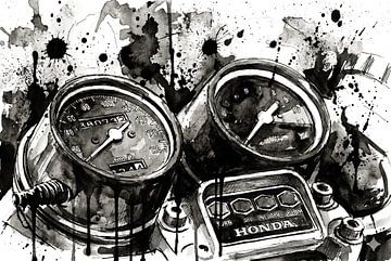 Extreme stedelijke abstractie met dichte textuuroverlappingen en een klassiek voertuig in het midden