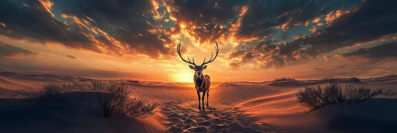 Een hert onder een schilderachtige zonsondergang in het duinlandschap van Digitale Schilderijen