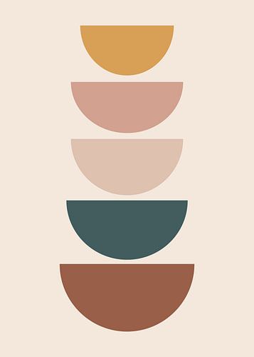 Minimalistische, abstrakte Illustrationen im Mid-Century-Modern-Stil mit geometrischen Formen und Linien in warmen, erdigen Farben