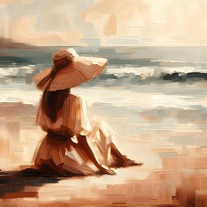 Zittend op het Strand, vrouw met hoed