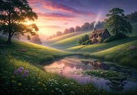 Cottage by Pond at Sunset