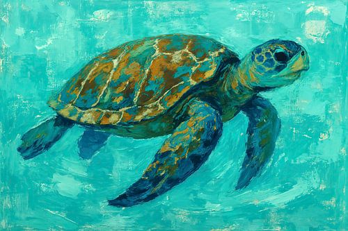 Zeeschildpad zwemt in tropische water (AI) (oceaan, kalm, vrijheid, sereen, kleurrijk, fris, oceaanleven, gedurfd schilderij)