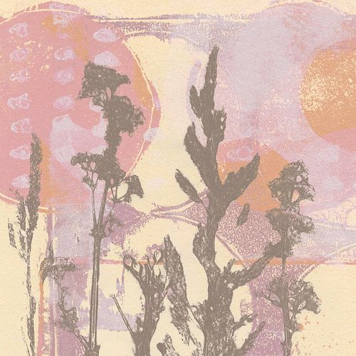 Wilde bloemen in beige op pastel geel, roze, paars. Abstract botanisch.