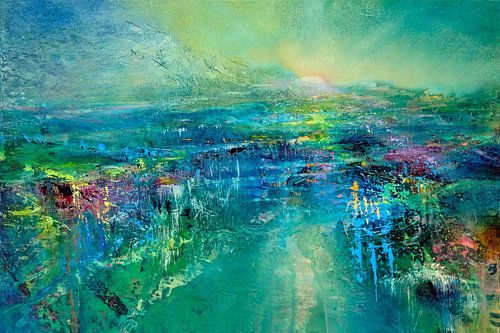 Lichtspel - een levendig geabstraheerd landschap in groen en turkoois