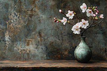 Elegante vaas met witte bloemen  op een rustieke houten tafel van Digitale Schilderijen