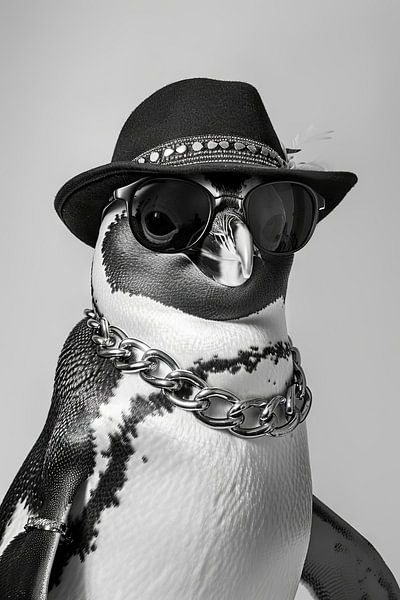 Pinguïn in zwart en wit met hoed en bril van Poster Art Shop