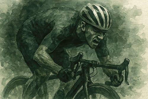 De eindsprint (sportief sportkunst wielrennen mannelijk stoer passie close-up krachtig aquarel schilderij)