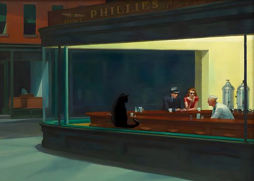 Affiche de chat Peinture célèbre Hopper Nighthawks
