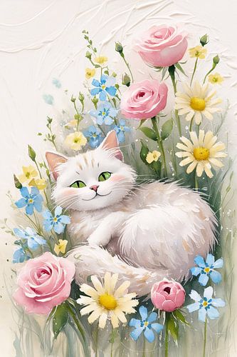 Kat met kleurrijke bloemenpracht