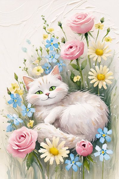 Chat avec des fleurs colorées par Imperial Art House