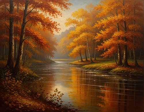 An autumnal stream flowing through the woods – golden trees are reflected in the watercolour landscape