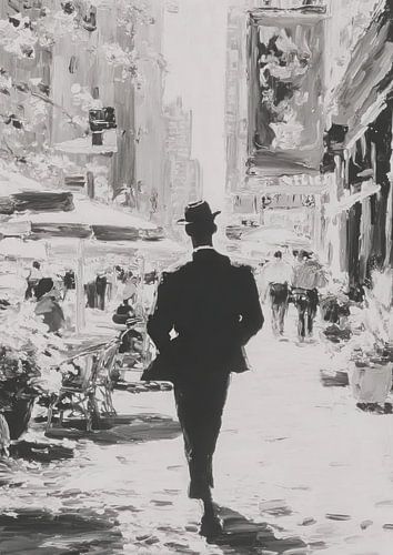 Monochroom stadsgezicht met man