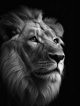 L'essence de la force : un lion noir et blanc sur Eva Lee