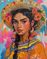 Señorita met bloemenhoed, kleurrijk portret vol Mexicaanse energie