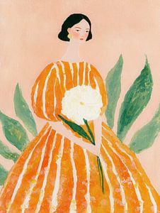 Frau im gestreiften Kleid mit Blumen