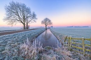 Typische niederländische Polderlandschaft bei Sonnenaufgang im Winter