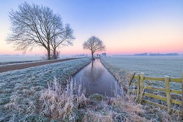 Typisch Hollands polderlandschap bij zonsopkomst in de winter van Bas Meelker