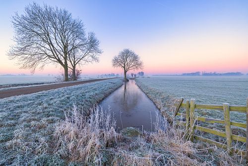 Typisch Hollands polderlandschap bij zonsopkomst in de winter