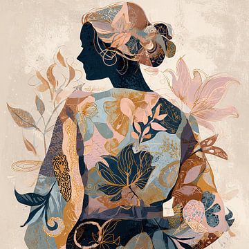 Vrouw met Bloemen | Abstracte Vrouw met Bloemenpatroon van Kunst Kriebels