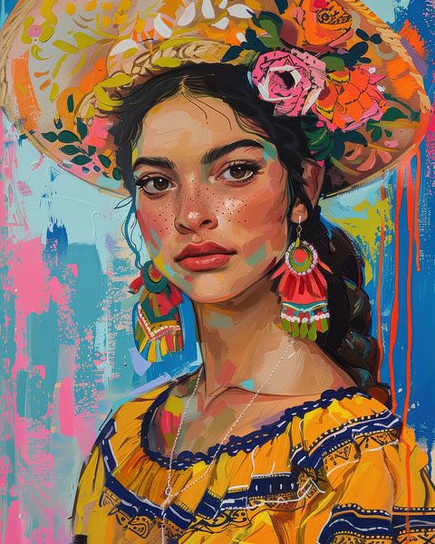 Señorita en robe jaune et chapeau à fleurs par Digatelier