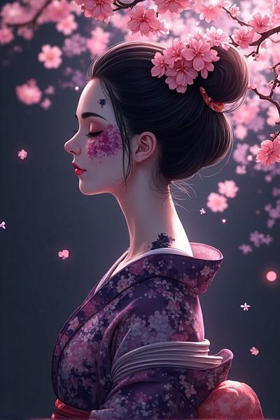 Pink Blossom - Chinese Woman's Face with Floral Painting by Kleurenrijk