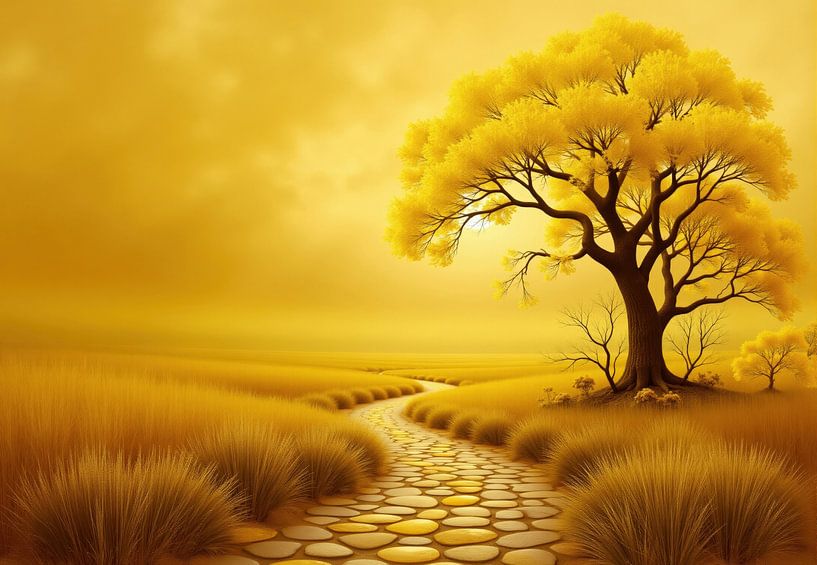 Digital Illustration: Yellow Field, Stone Path, and Deciduous Tr by Markus Gann