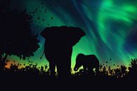 Eine Silhouette eines Elefanten mit seinen Nachkommen. von Bert Hooijer Miniaturansicht
