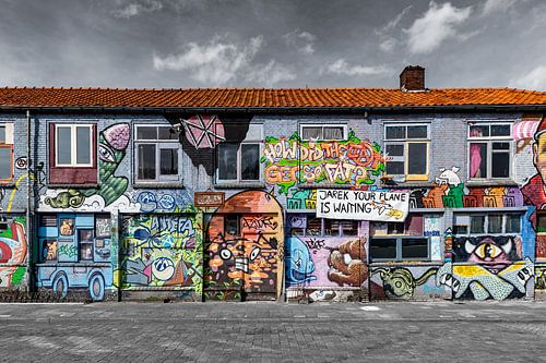 Houses with graffiti