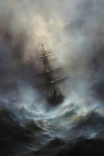 Peinture maritime représentant un navire dans la tempête