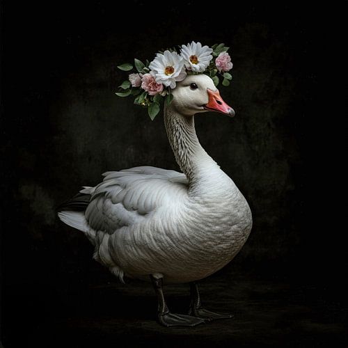 Trotse gans met bloemenkroon