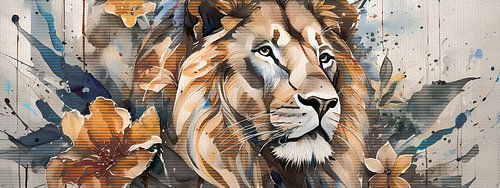 Leeuw met bloemen in oranje grijs en bruin