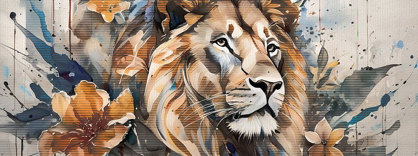 Lion avec fleurs en orange, gris et marron par Emiel de Lange