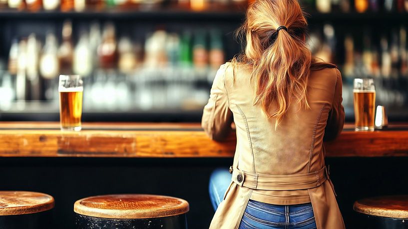 Une jeune femme savoure une bière dans un bar détendu par Frank Heinz