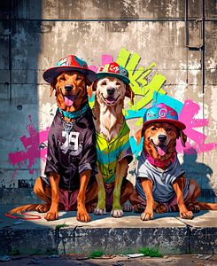 Drei lustige Hunde in Kleidung in Urban Art
