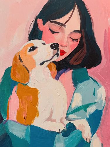 Gouache Frau mit Beagle