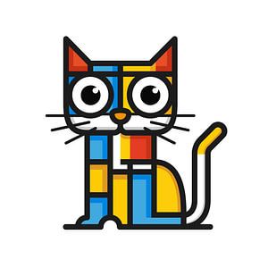 Kubistische Illustration einer Katze im Stil Piet Mondrians auf weißem Hintergrund.